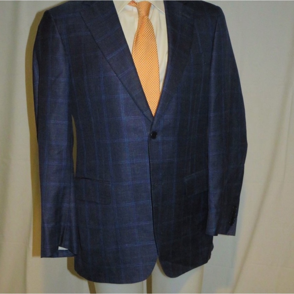 Canali Blue Plaid Silk & Linen, Two Button, Sport Coat, size 44R